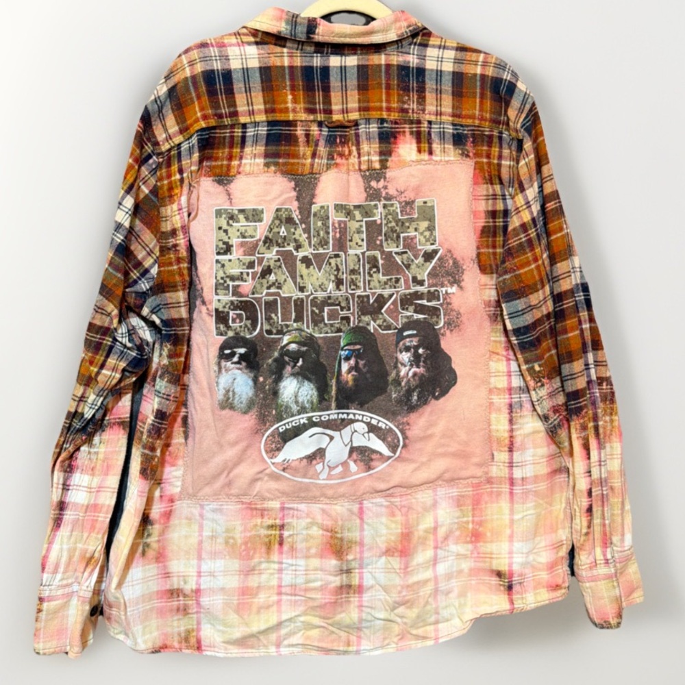 Eddie Bauer Flannel Shirt Jacket XXL Faith Family Ducks Upcycled